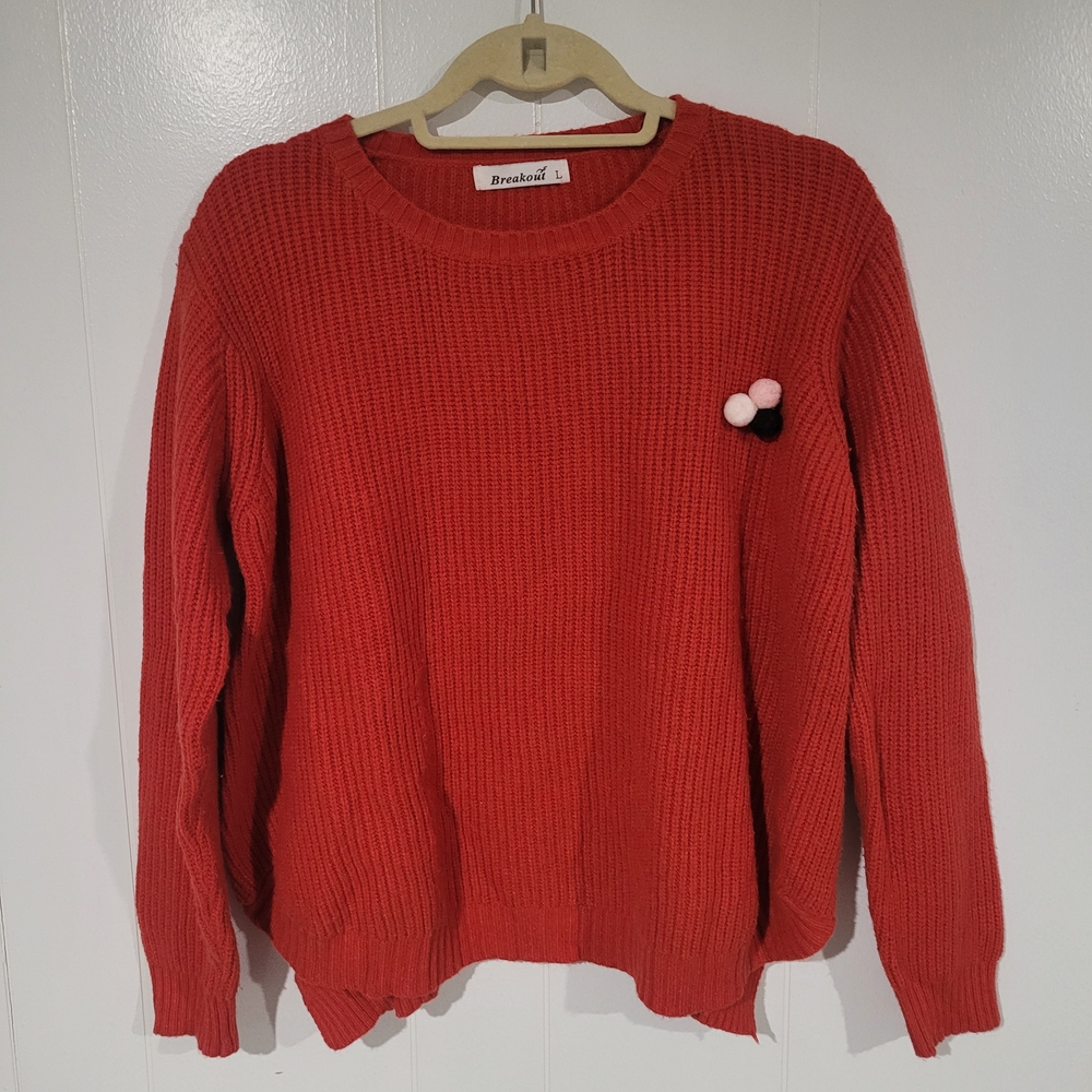 Breakout Orange Crew Neck Sweater with Pom-Pom Accent